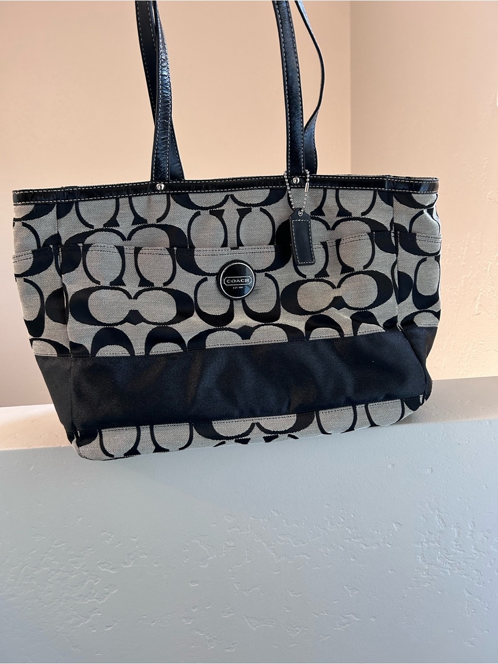 Coach Black and Khaki Signature Canvas Tote